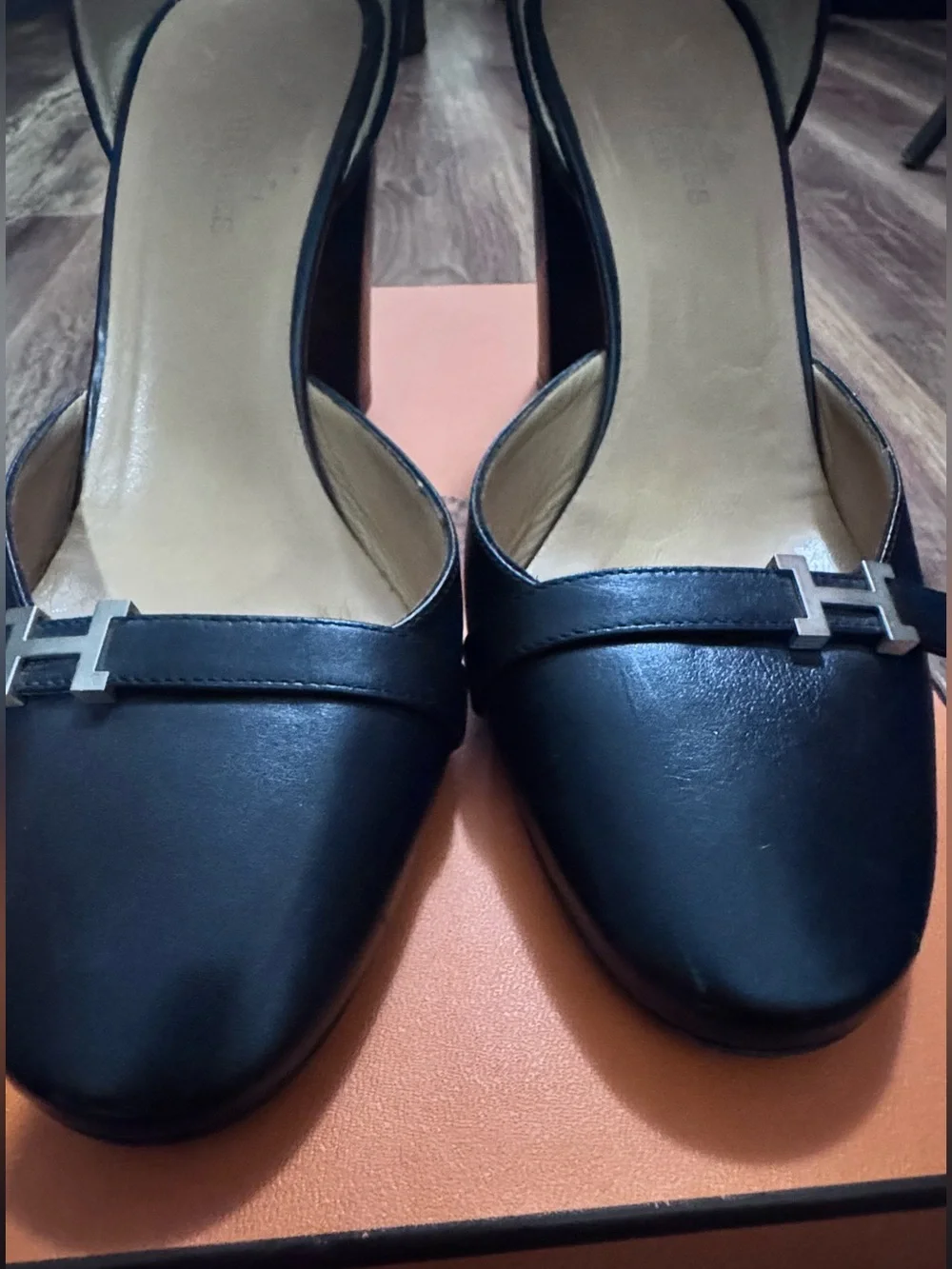 Hermes Black D'Orsay Pumps with Silver H Accent